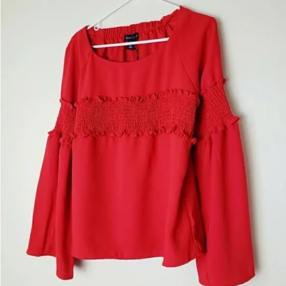 Amaryllis Apparel ruffled blouse Long Bell Sleeves solid Red Size Small - Picture 7 of 15